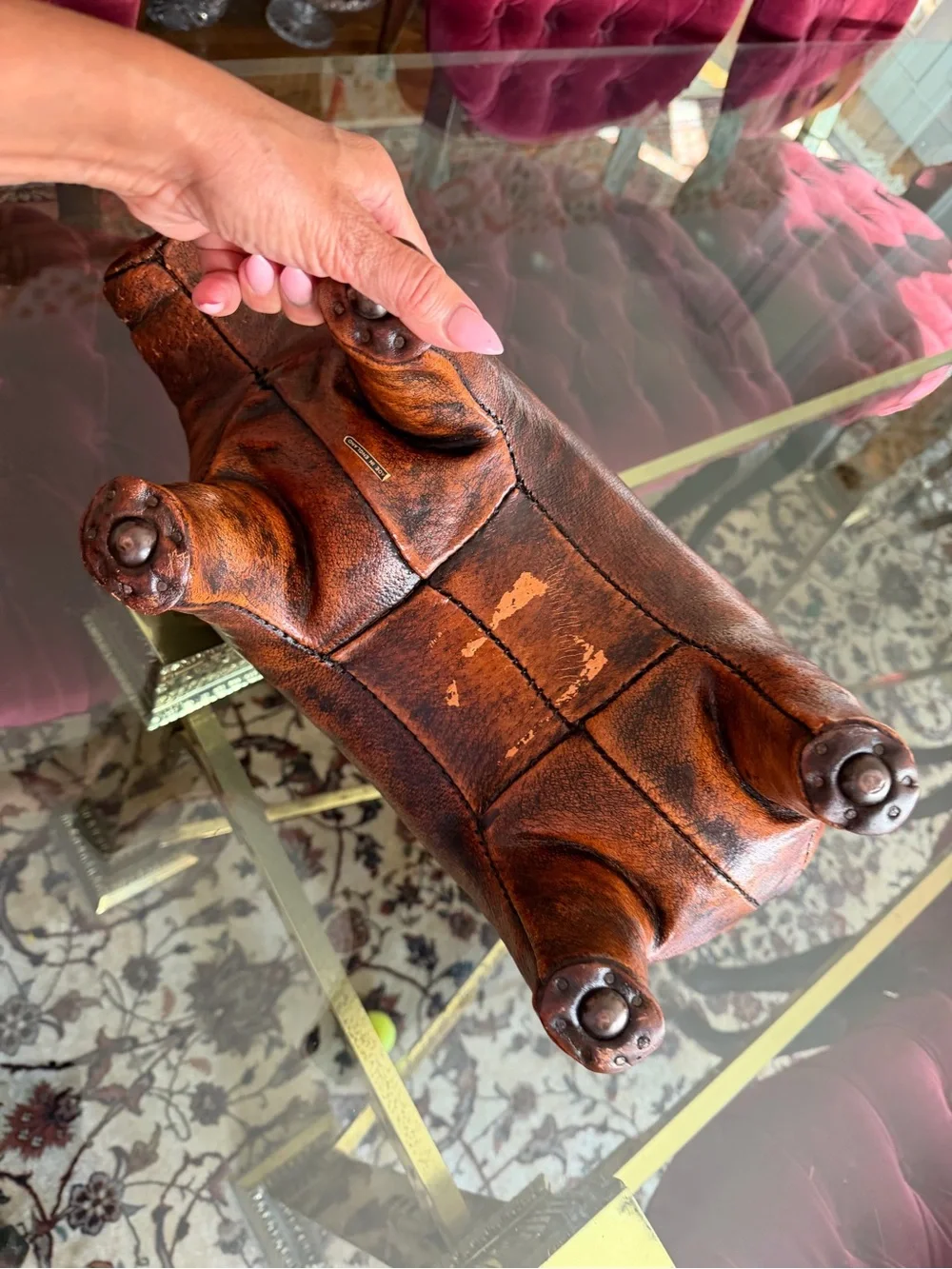 Vintage-Style Brown Leather Pig Accent - Home Dining Decor